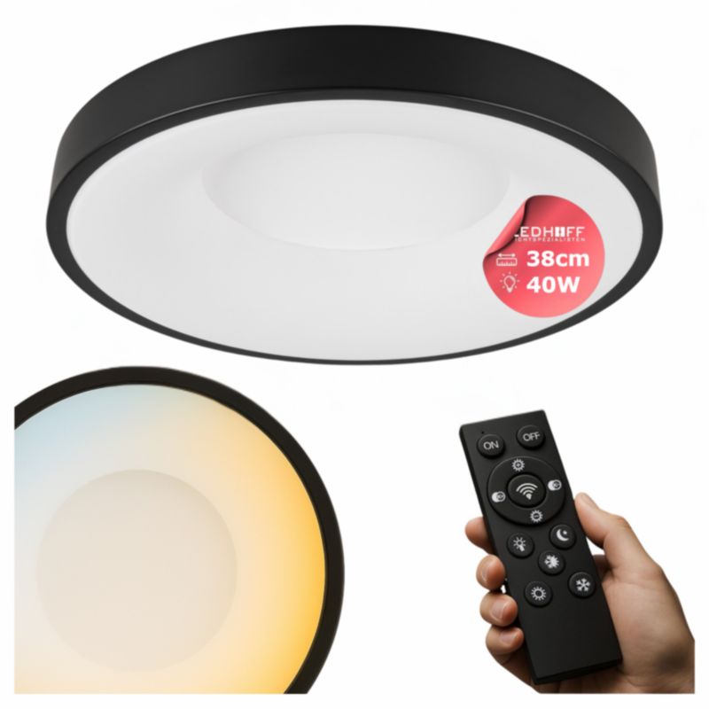 Lampa sufitowa LEDHOFF Plafon LED ŚCIEMNIANY 3 BARWY 40cm Czarny okrągły z pilotem 1 szt.