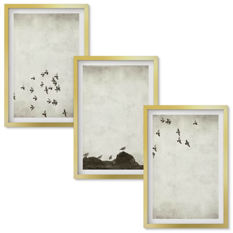 Set Obrazów w Ramie Wallfluent Ptaki w locie styl minimalistyczny Złota rama 40x60 cm 3 szt.