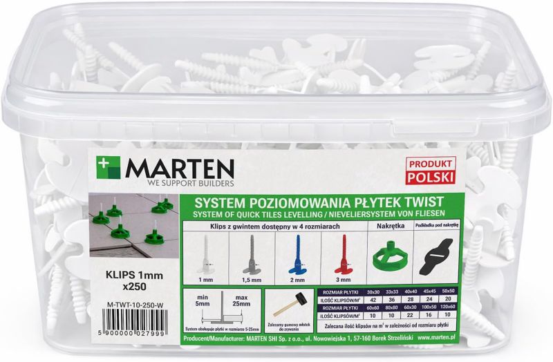System poziomowania płytek MARTEN TWIST klips z gwintem 1 mm 250szt.