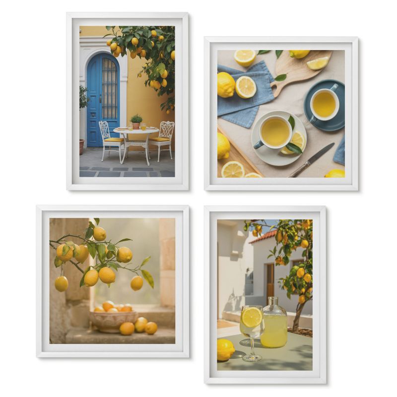 Zestaw 4 obrazów w białych ramach Tulup Cytryny lemoniada niebieskie drzwi Nowoczesny design 1 kpl