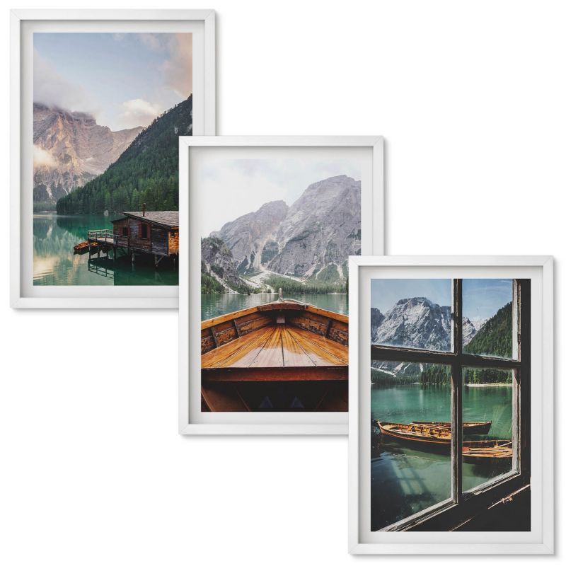 Tryptyk w Ramie Wallfluent Górskie jezioro łódź domki Biała rama 40x60 cm 3 szt.