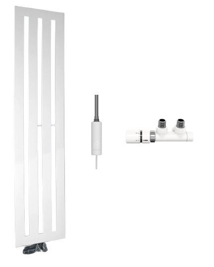 Zestaw Zehnder Metropolitan grzejnik łazienkowy dekoracyjny 180x38,5 cm biały z grzałką elektryczną 300 W i zestawem zaworowym lewym z ...
