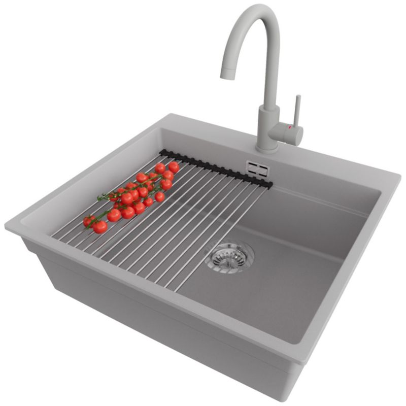 Zlewozmywak Granitowy Oslo Max Level PRIMAGRAN Nablatowy 58x53cm, Szary + Bateria + Syfon + Akcesorium, S163, 1 szt.