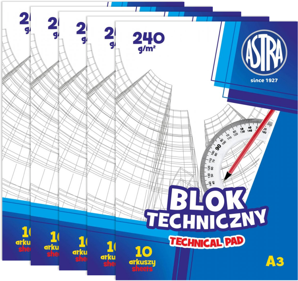 5x Blok techniczny Astra, A3, 240g, 10 kartek, biały