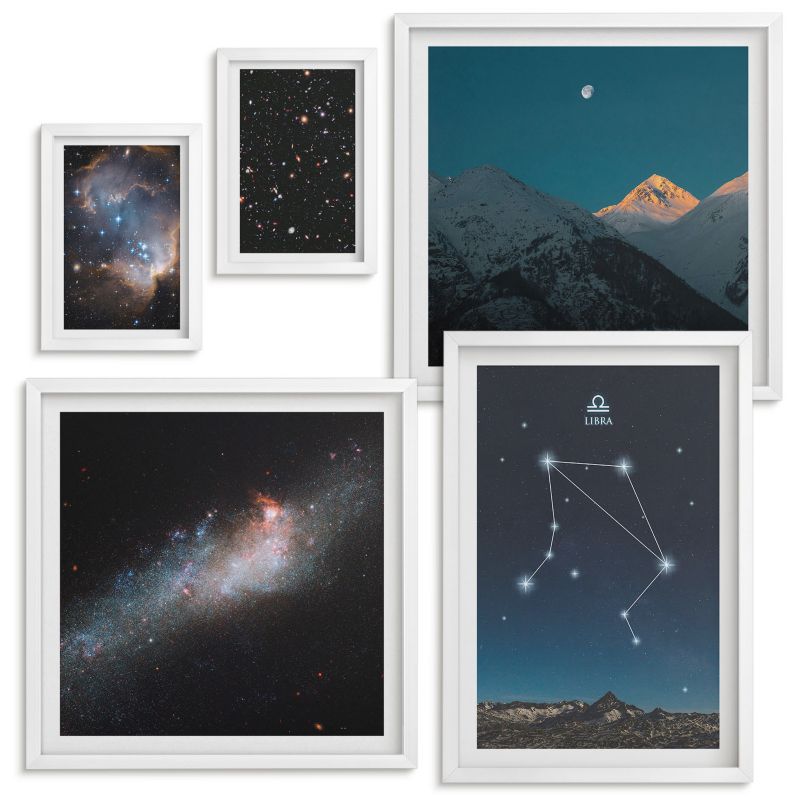 Set Obrazów w Ramie Wallfluent Kosmos galaktyka Waga nocne niebo Biała rama 5 szt.