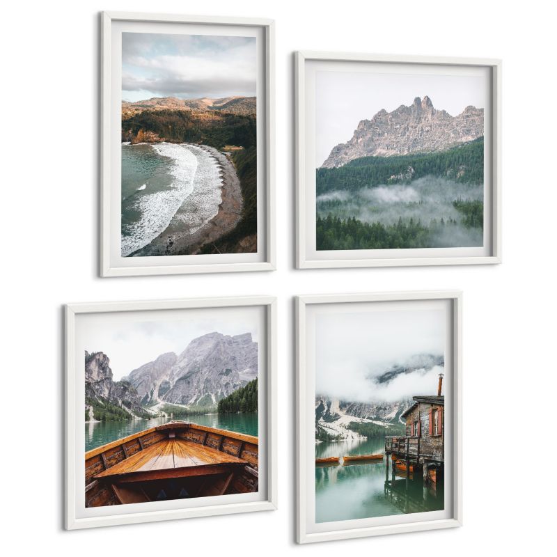 Zestaw 4 Obrazów ArtPrintCave (2x50x50+2x40x60cm) Biała rama Górskie plaże drewniany dom łódź 1 kpl.