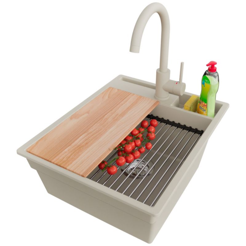 Zlewozmywak Granitowy Oslo Pocket PRIMAGRAN Nablatowy 43x53cm do Szafki od 45cm, Beżowy + Bateria 32x20cm + Syfon, S104, 1 szt.