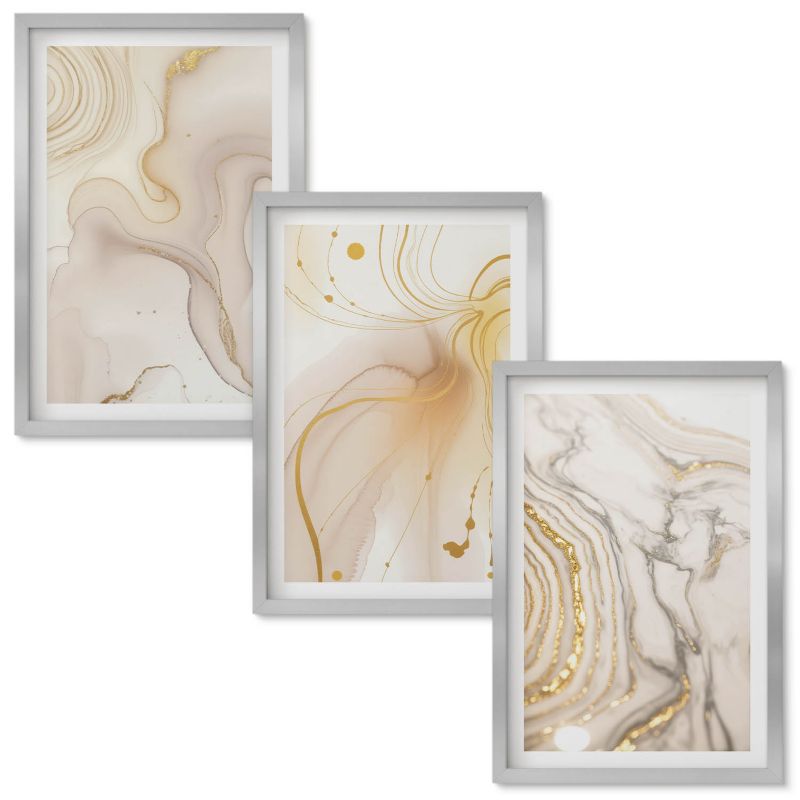 Set Obrazów w Ramie Wallfluent Subtelne abstrakcyjne wzory Srebrna rama 40x60 cm 3 szt.