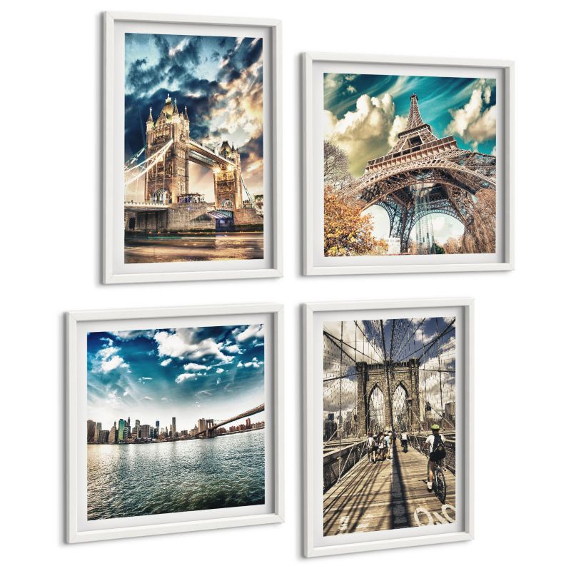 Komplet 4 Obrazów ArtPrintCave (2x50x50+2x40x60cm) Biała rama Mosty wieże w europejskich miastach 1 kpl.