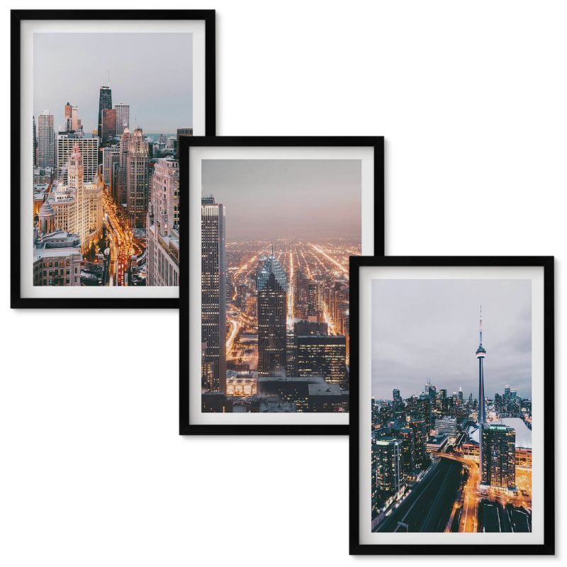 Obraz Ścienny Zestaw Wallfluent Miasta nocą wieżowce światła Czarna rama 40x60 cm 3 szt.