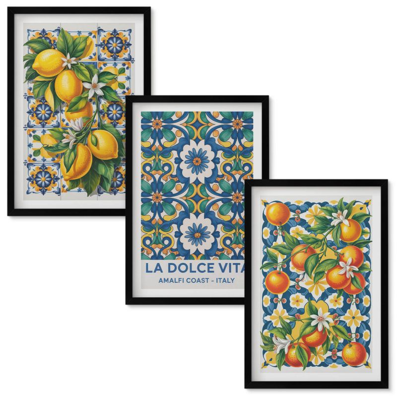 Tryptyk w Ramie Wallfluent Cytrusy kolorowe abstrakcje Czarna rama 40x60 cm 3 szt.