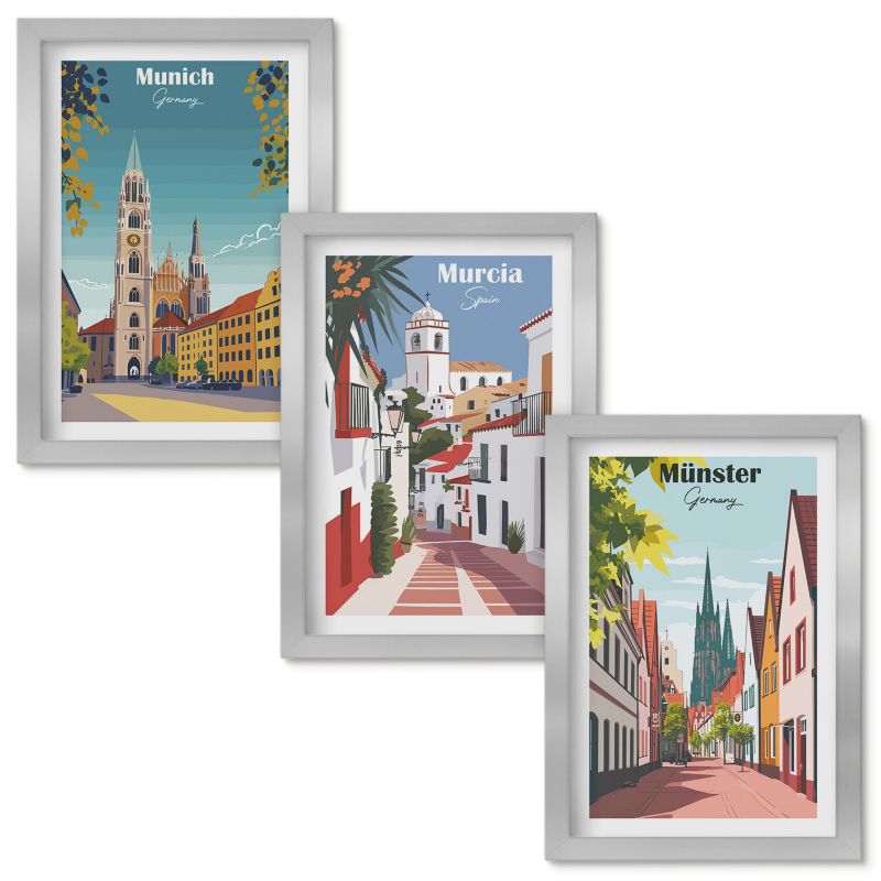 Zestaw Obrazów w Ramie Wallfluent Miasta Europy kolorowe rysunki Srebrna rama 20x30cm 3 szt.