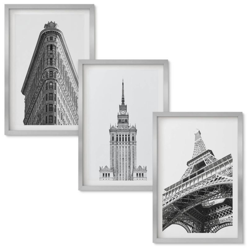 Set Obrazów w Ramie Wallfluent Architektoniczne czarno-białe budowle Srebrna rama 40x60 cm 3 szt.