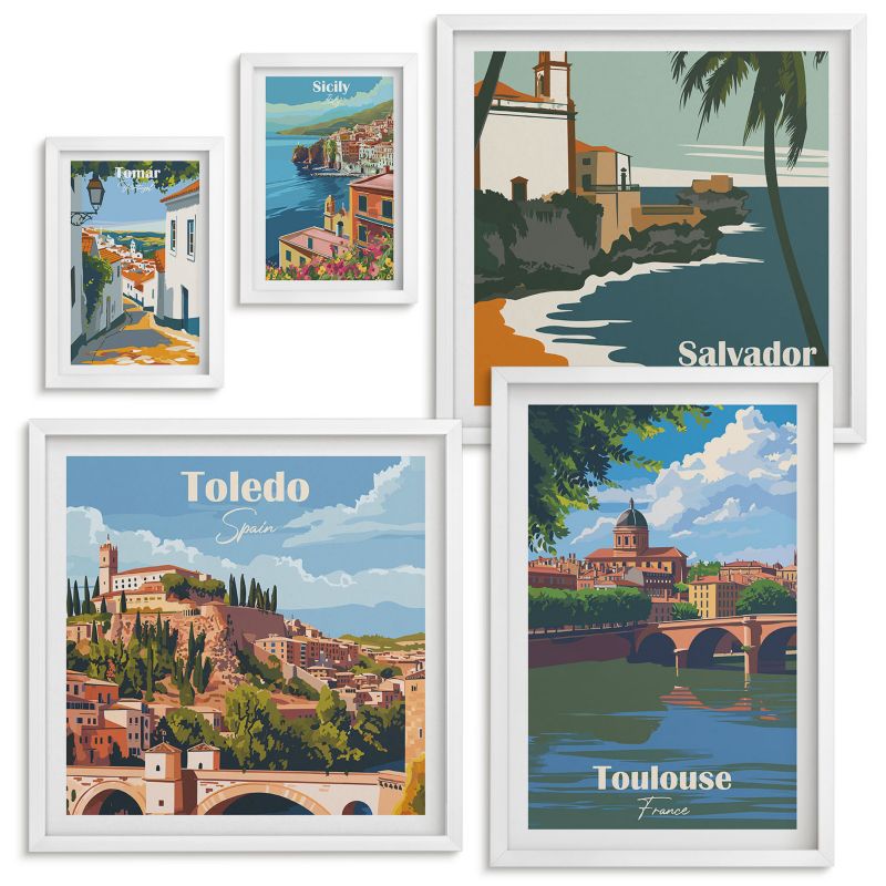 Zestaw Obrazów w Ramie Wallfluent Góry retro architektura ilustracje Biała rama 5 szt.