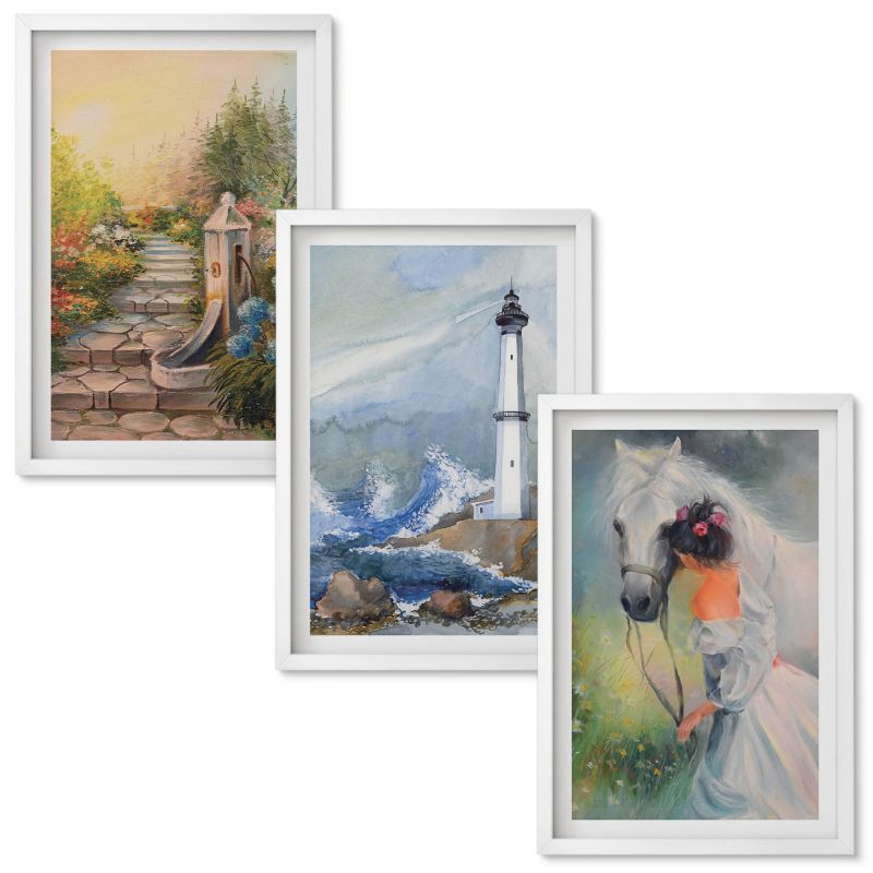 Tryptyk Obrazów w Ramie Wallfluent Sceneria latarnia morska koń dziewczyna Biała rama 40x60 cm 3 szt.