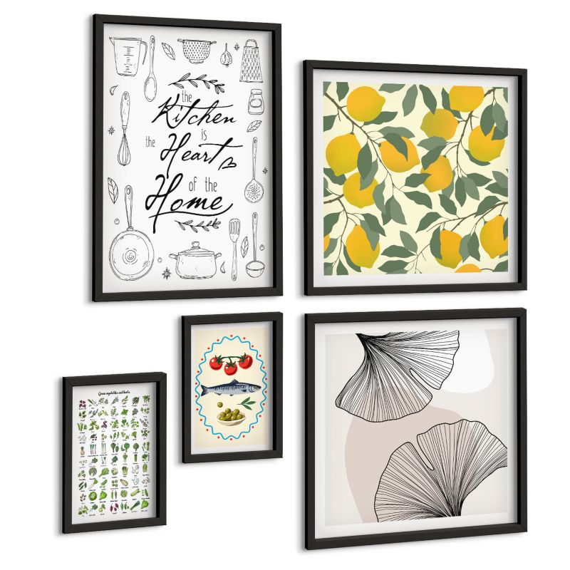 Galeria 5 Obrazów ArtPrintCave (2x50x50+2x20x30+40x60cm) Czarna rama Zioła kuchenne cytrynowy obraz 1 kpl.