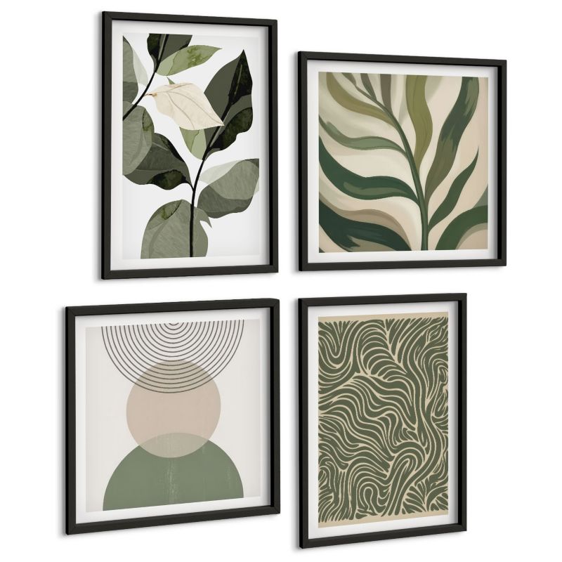 Galeria 4 Obrazów ArtPrintCave (2x50x50+2x40x60cm) Czarna rama Liście geometryczne kształty abstrakcja 1 kpl.