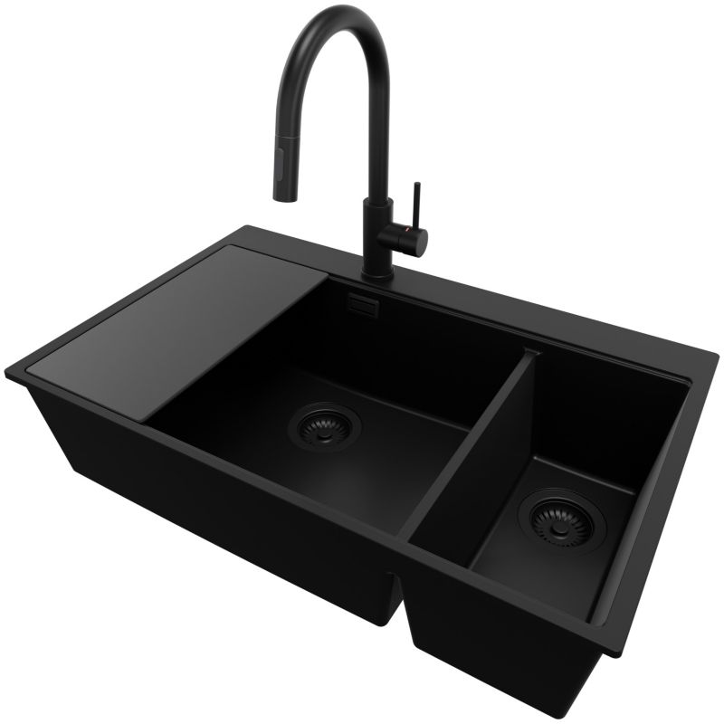 Zlewozmywak Granitowy Oslo Duo Top PRIMAGRAN Nablatowy 78x50cm, Cały Czarny + Bateria + Syfon + Akcesorium, S109, 1 szt.