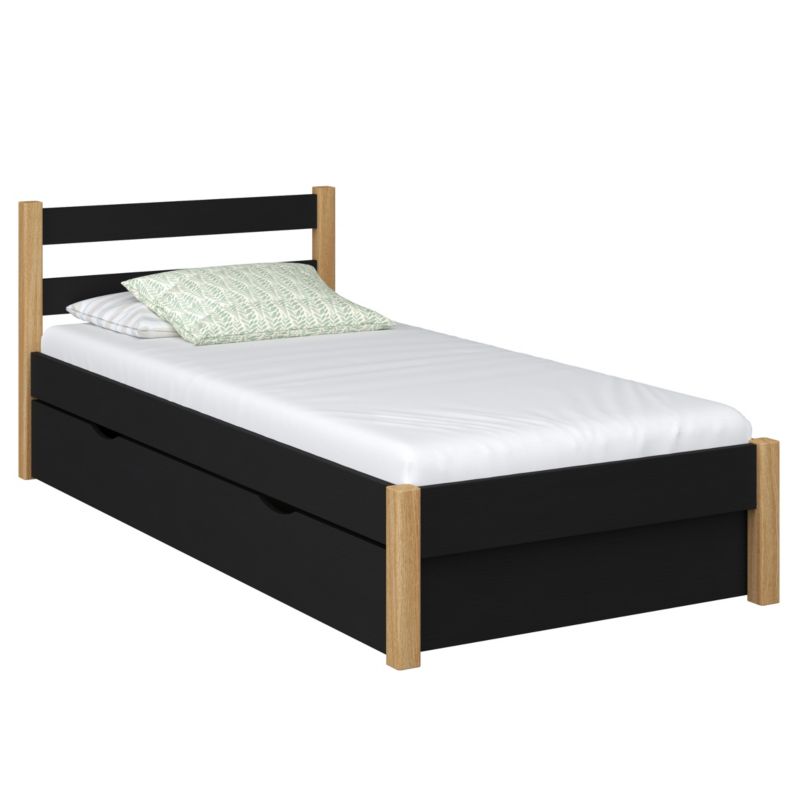 Drewniane łóżko N-WOOD pojedyncze z szufladą N01 czarno dębowy 90x200 1szt.