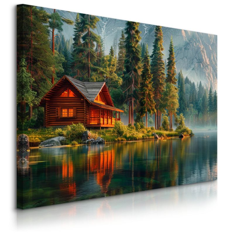 Obraz Muralo Na Płótnie Górska Chatka Nad Brzegiem Jeziora 100x70 cm 1 szt.