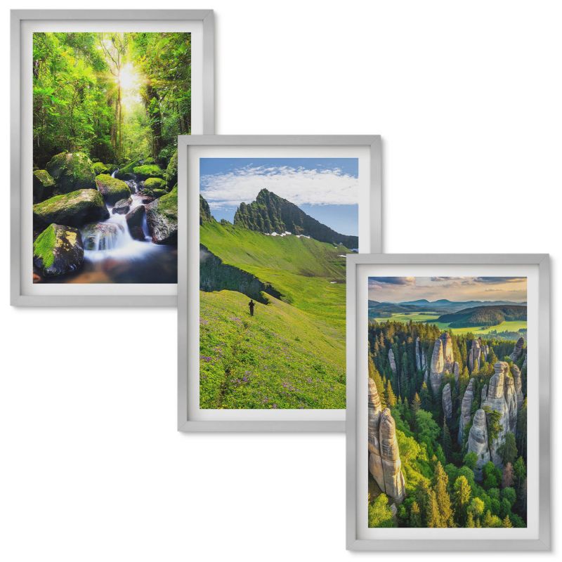 Zestaw obrazów Wallfluent Zielone góry wodospad las Srebrna rama 40x60 cm 3 szt.