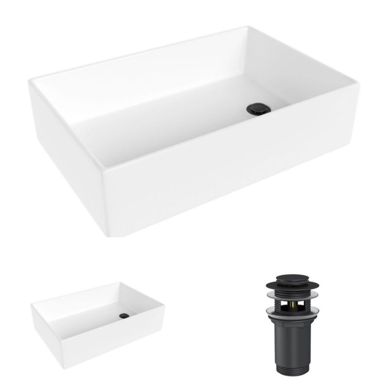 Umywalka nablatowa Helmken 51861000 (61x40) Biała + Korek klik-klak Czarny Mat, 1 kpl