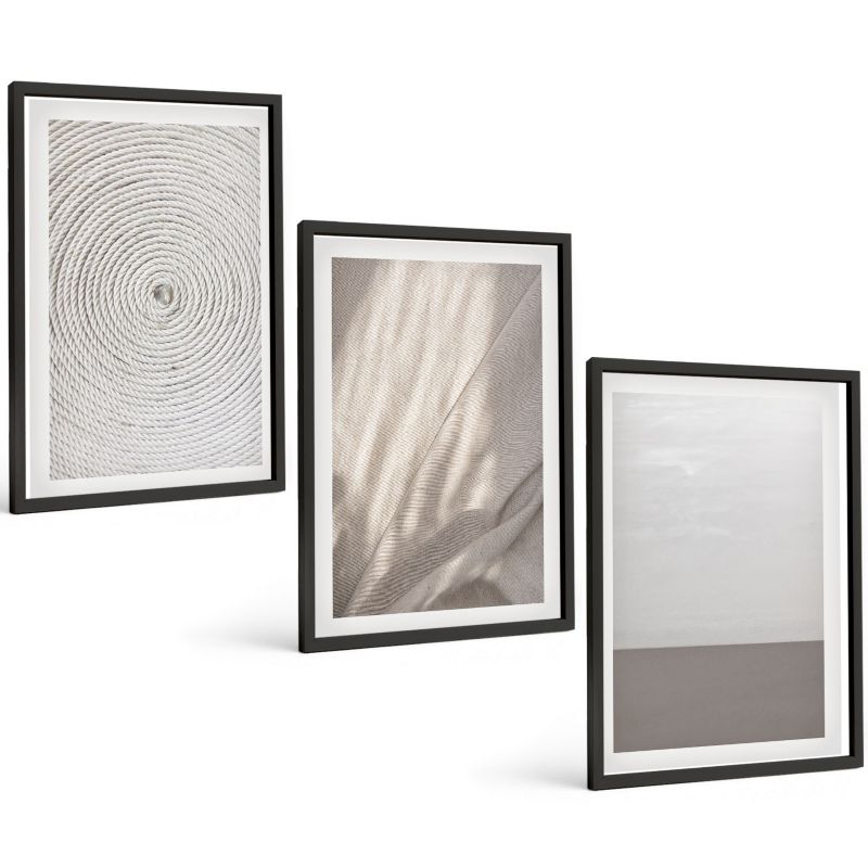 Galeria 3 Obrazów w Czarnej Ramie ArtPrintCave 40x60 cm Komplet ścienny Naturalne boho tekstury 1 kpl.
