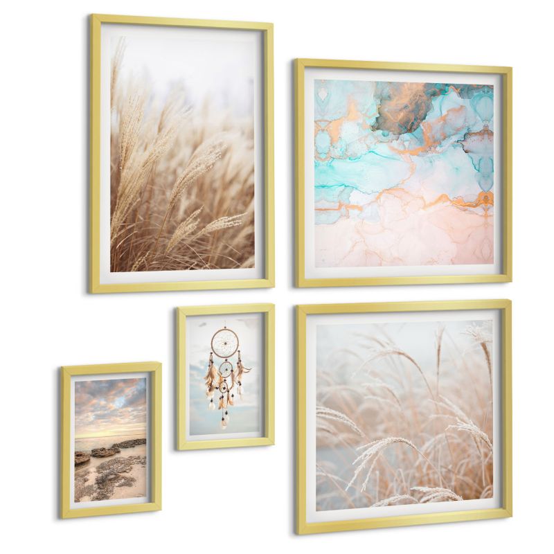 Pięcioczęściowy Zestaw Obrazów ArtPrintCave (2x50x50+2x20x30+40x60cm) Złota rama Plaża łódka muszle trawa boho 1 kpl.