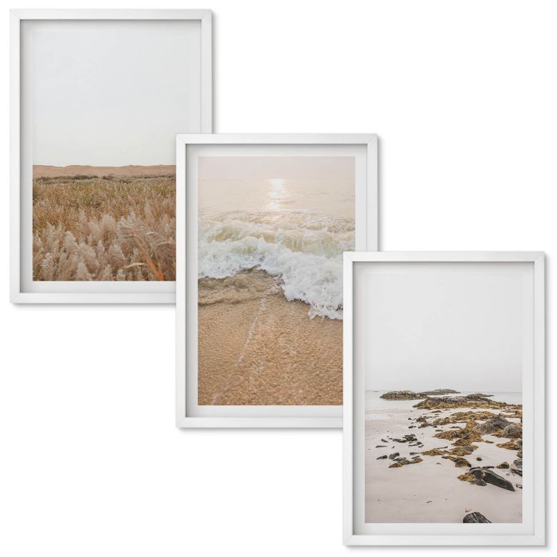 Tryptyk Obrazów w Ramie Wallfluent Plaża fale kamienie lato Biała rama 40x60 cm 3 szt.