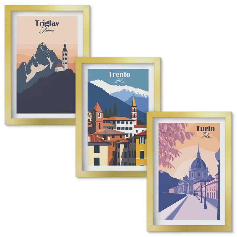 Obrazy do Salonu Wallfluent Góry architektura retro ilustracje Złota rama 20x30cm 3 szt.