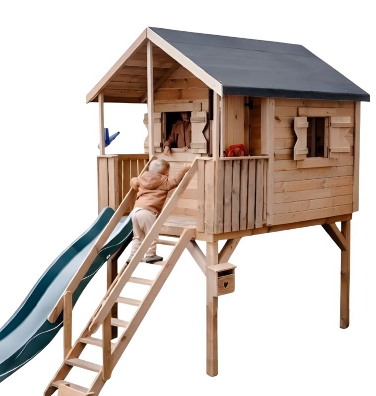 Drewniany domek dla dzieci Meblogród Magiczny Domek ze zieloną zjeżdżalnią i podestem 120cm 1szt.