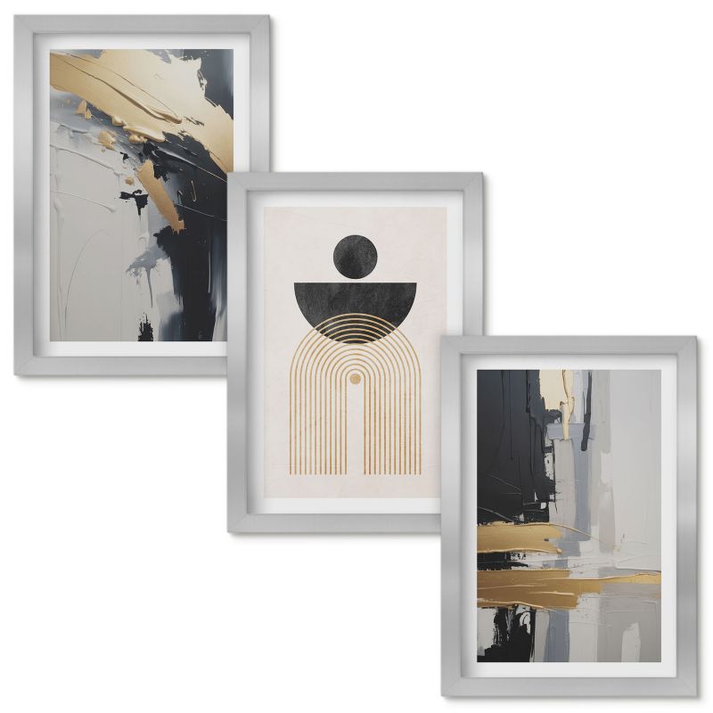 Obrazy do Salonu Wallfluent Geometria abstrakcyjna elegancja Srebrna rama 20x30cm 3 szt.