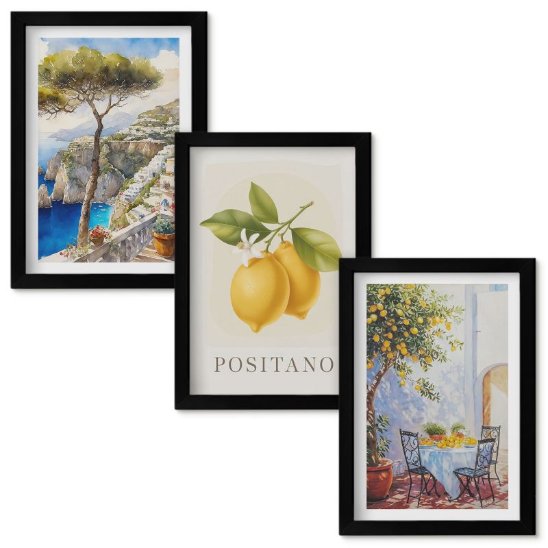 Obrazy Do Sypialni Wallfluent Widoki Positano z cytrynami Czarna rama 20x30cm 3 szt.