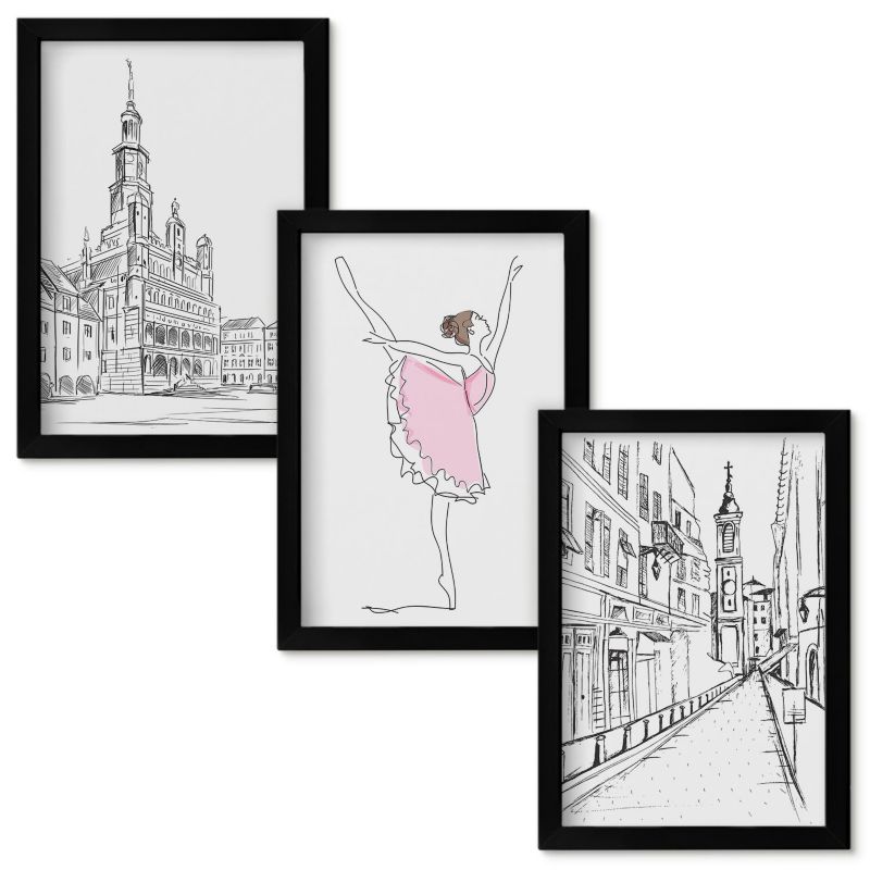 Obraz Ścienny Zestaw Wallfluent Stylowe baletnice i architektura Czarna rama 20x30cm 3 szt.