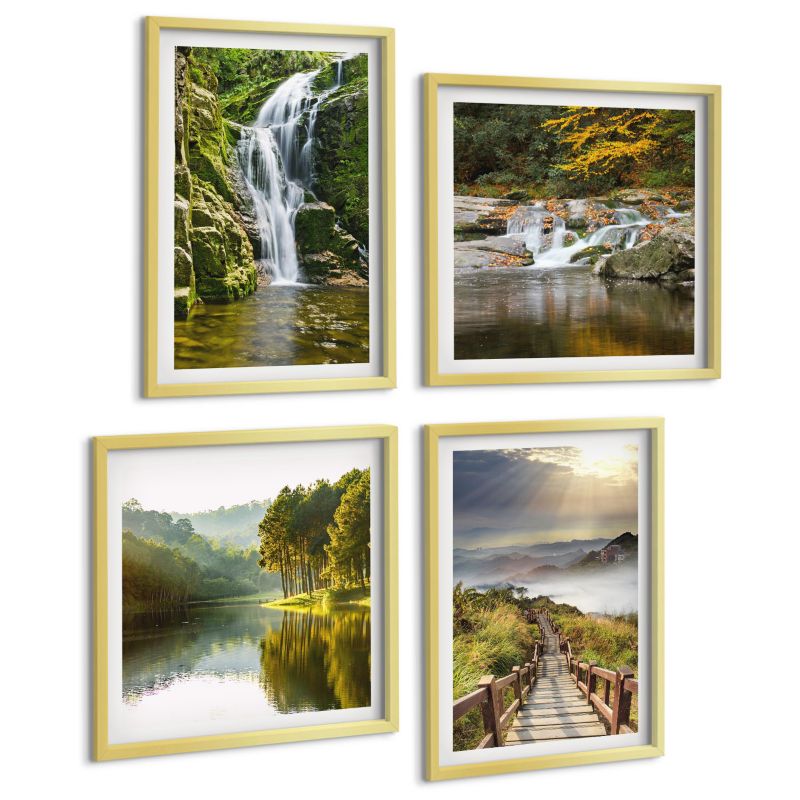 Galeria 4 Obrazów ArtPrintCave (2x50x50+2x40x60cm) Złota rama Wodospady góry chmury jesień 1 kpl.