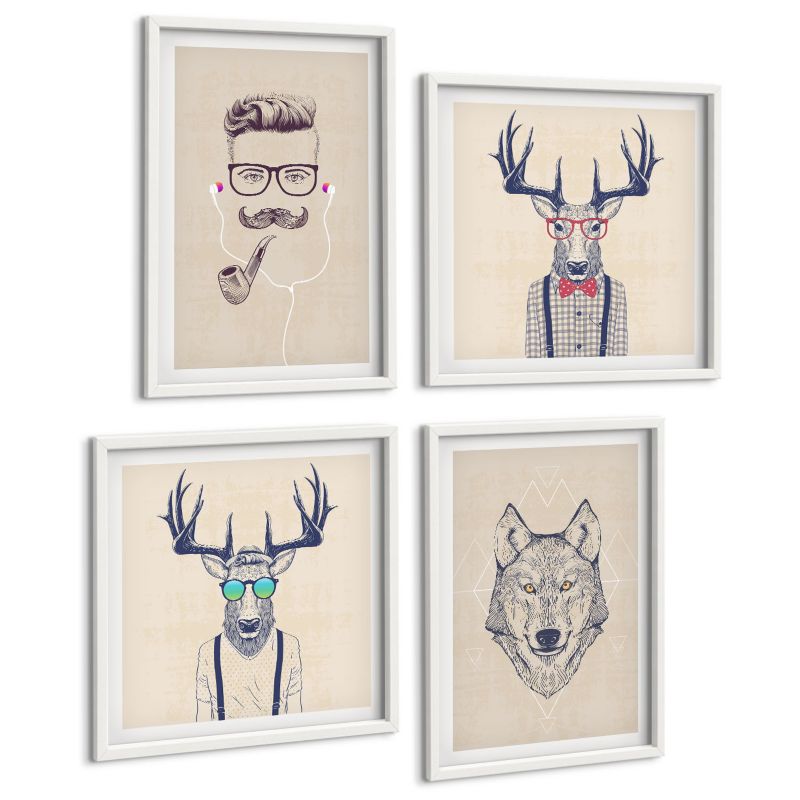Komplet 4 Obrazów ArtPrintCave (2x50x50+2x40x60cm) Biała rama Stylowe portrety zwierząt 1 kpl.