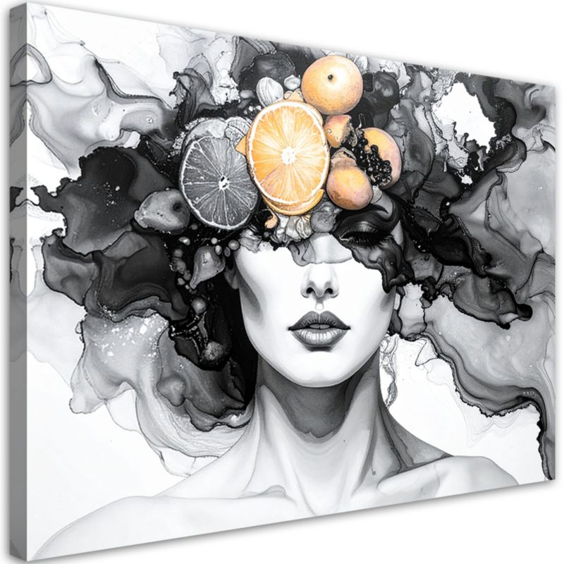 Obraz na płótnie Feeby Kobieta z owocami na głowie, poziomy, design do przedpokoju, wzór 29613, 60x40 cm, 1 szt.