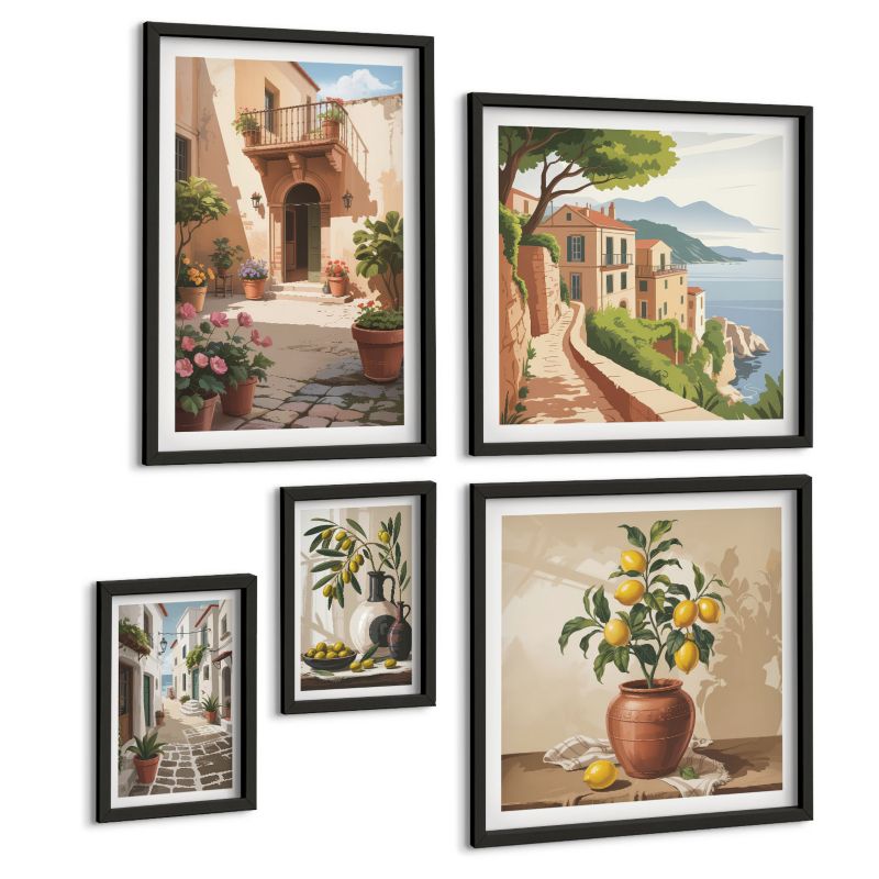 Pięcioczęściowy Zestaw Obrazów ArtPrintCave (2x50x50+2x20x30+40x60cm) Czarna rama Rośliny donice cytryny uliczka 1 kpl.