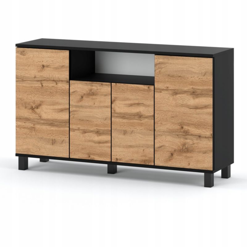 Duża Komoda 140 Cm Stiv-Meble Czarny Mat / Dąb Wotan Szafka Rtv 140X35X80 Cm 1Szt.