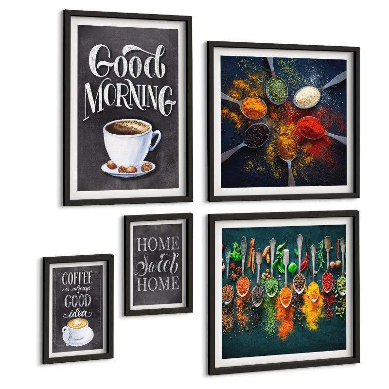 Galeria 5 Obrazów ArtPrintCave (2x50x50+2x20x30+40x60cm) Czarna rama Przyprawy kawa filiżanka zioła 1 kpl.
