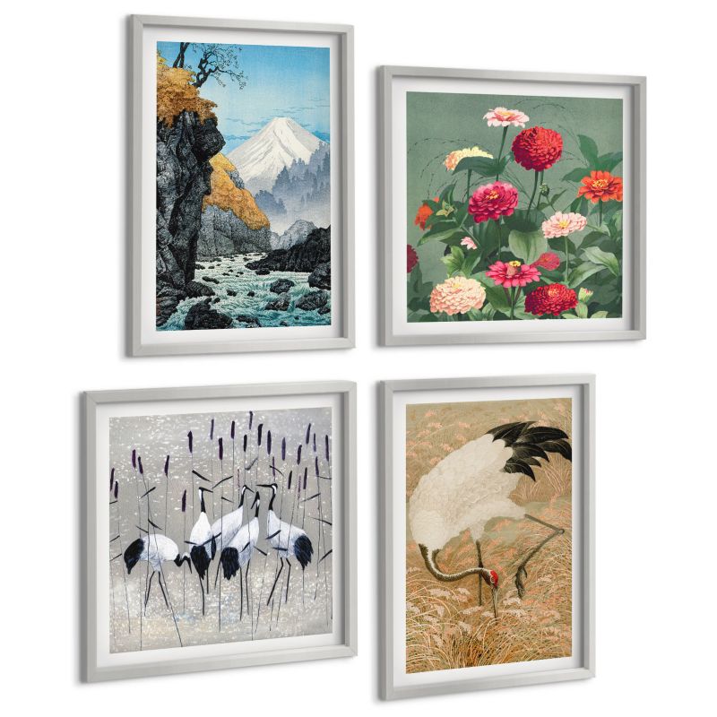 Zestaw 4 Obrazów ArtPrintCave (2x50x50+2x40x60cm) Srebrna rama Góry rzeka kwiaty żurawie 1 kpl.
