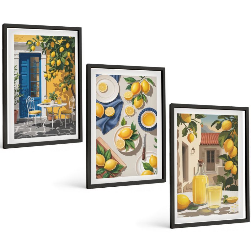 Trzyczęściowy Zestaw Obrazów ArtPrintCave 40x60 cm Czarna rama Cytrynowy ogród z napojami 1 kpl.