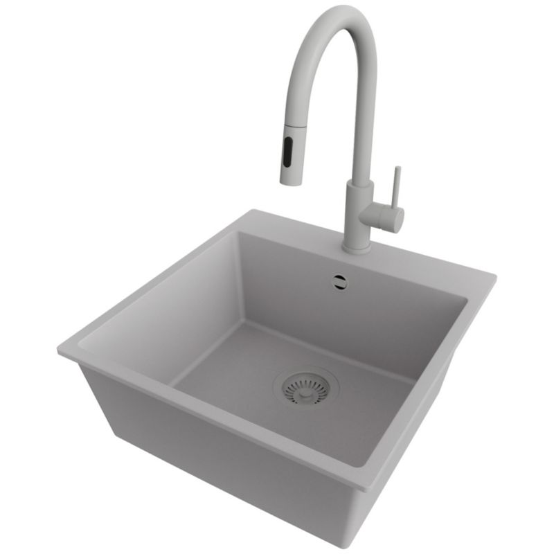 Zlewozmywak Granitowy Ryga PRIMAGRAN Nablatowy 48x50cm do Szafki od 50cm, Cały Szary + Bateria 40x20cm + Syfon, S238, 1 szt.
