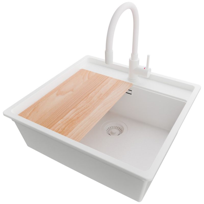Zlewozmywak Granitowy Bergen Low Cut PRIMAGRAN Nablatowy 56x53cm, Cały Biały + Bateria + Syfon + Akcesorium, S212, 1 szt.