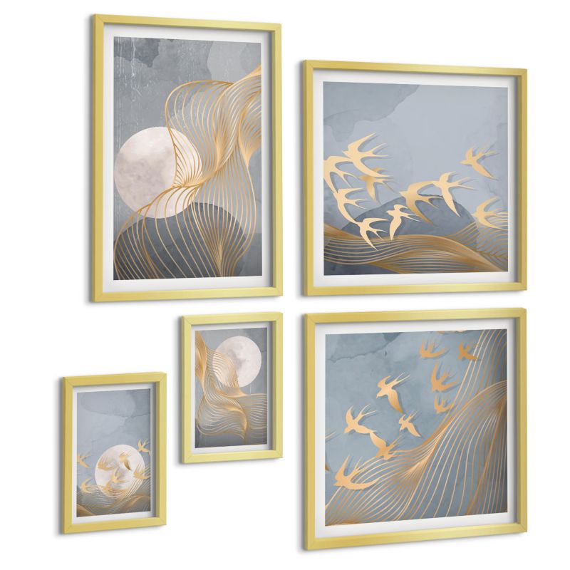 Komplet 5 Obrazów ArtPrintCave (2x50x50+2x20x30+40x60cm) Złota rama Abstrakcyjne fale okręgi szarość 1 kpl.