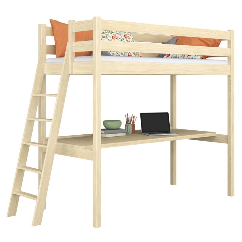 Drewniane łóżko N-WOOD na antresoli z biurkiem N02 sosna bezbarwna 100x190 1szt.