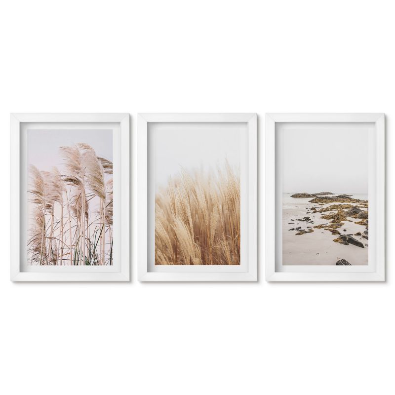 Komplet obrazów biała rama Tulup 20x30 cm Pola pampas traw i plaża boho Małe obrazy do kuchni w ramie 1 kpl