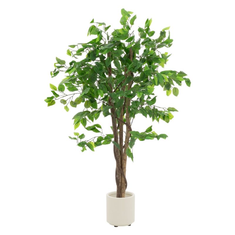 Sztuczne drzewo ficus ML Design 120 cm realistyczne naturalny drewniany pień doniczka dekoracyjne balkon łatwa pielęgnacja 1 szt