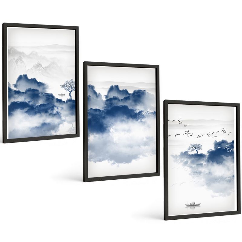 Zestaw Obrazów 3 Częściowy ArtPrintCave Czarne Ramki 40x60 cm Dekoracja do Sypialni Góry chmur drzewa ptaki 1 kpl.