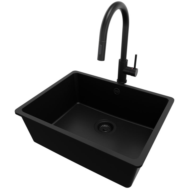 Zlewozmywak podblatowy Wenecja Easy PRIMAGRAN 56x44cm do Szafki od 60cm, Cały Czarny + Bateria 40x20cm + Syfon, S080, 1 szt.